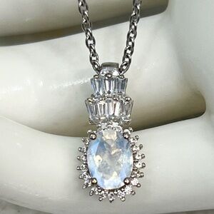 Moon Glow Moonstone White Zircon Sterling Silver Pendant 20” Necklace